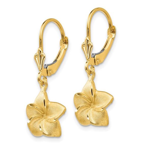 11mm Satin and Diamond Cut Plumeria Dangle Earrings in 14k Yellow Gold - Picture 2 of 5